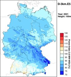 Ertragsindex für Deutschland 3km (Jahresindex 2021), entnommen aus dem „Wind- und Ertragsindex Report für das Jahr 2021“ (www.anemos.de/Windreport.pdf).<br />
© anemos Gesellschaft für Umweltmeteorologie mbH