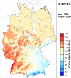 Ertragsindex für Deutschland 3km (Jahresindex 2020), entnommen aus dem „Wind- und Ertragsindex Report für das Jahr 2020“<br />
© anemos Gesellschaft für Umweltmeteorologie mbH